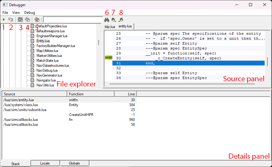 Screenshot of the debugger where it hit a breakpoint